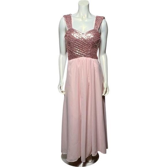 Rose Gold Sequin Prom Dress Pink Chiffon Maxi Evening Gown Size 6 Open Back - Picture 7 of 10